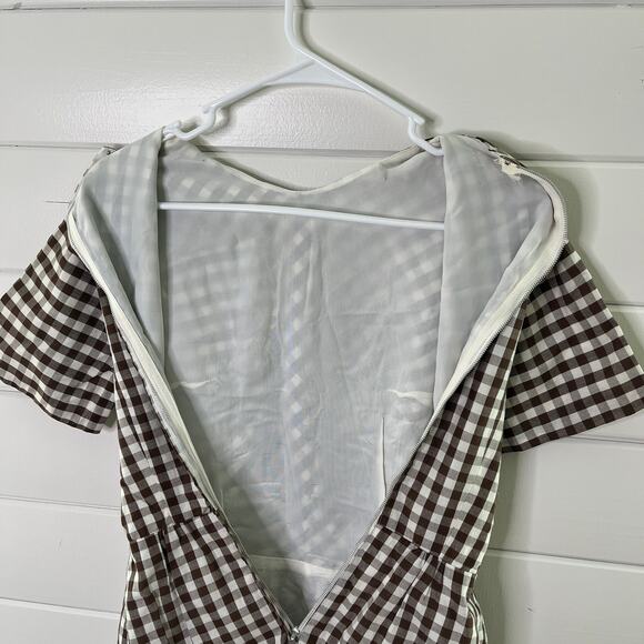 Vintage 60s Gingham Sheath Dress Short Sleeve Brown White Womens Handmade 4 - Picture 11 of 12